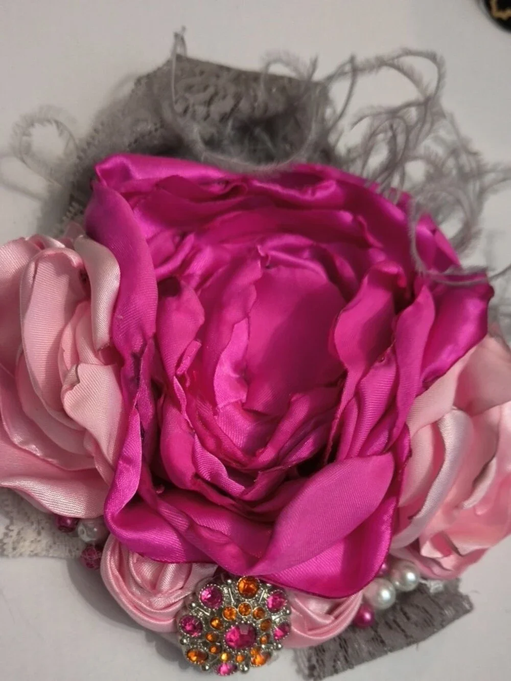 Pink Floral Satin Hair Clip with Beaded Accent